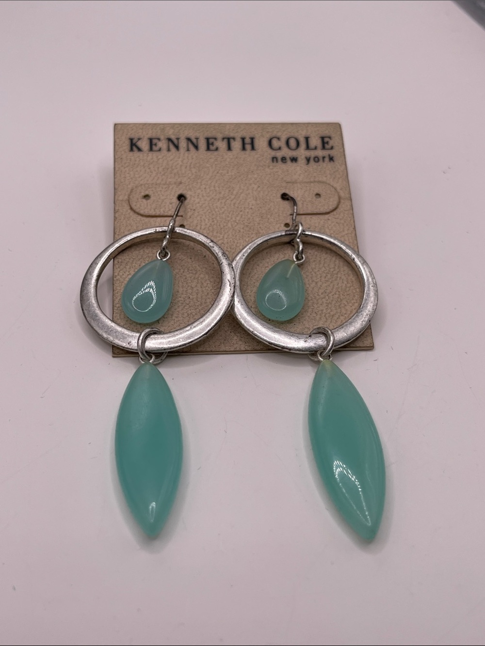 07.04.26-2 K. Cole New York Silver Hoops w Mint Green Teardrop & Marquise Drops